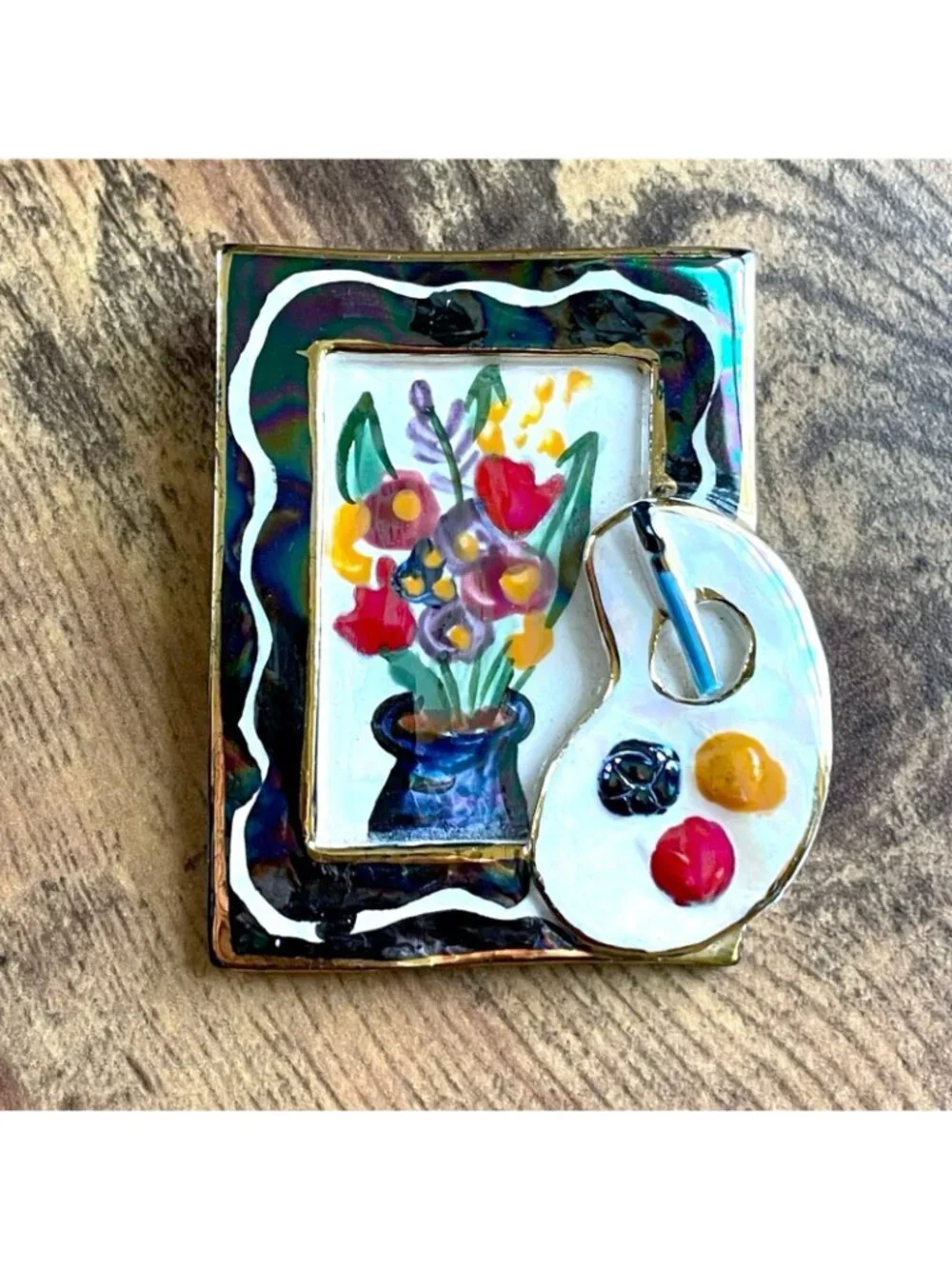 Vintage Artisan Ceramic Brooch Framed Floral Artist Painter Palette Pop Art Pin